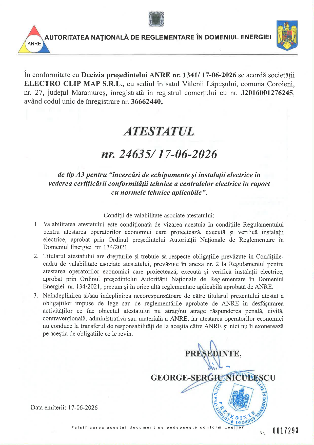 Certificat ANRE A3 Electro Clip Map