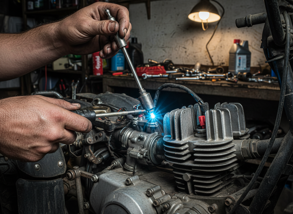 Mekaniker tester tændrør gnist på ATV motor