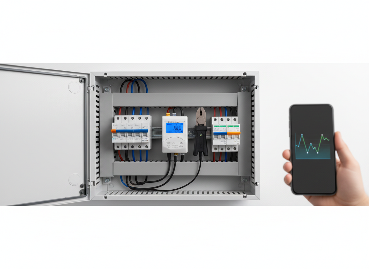 Medidor de consumo Wi‑Fi no quadro elétrico com app de monitorização