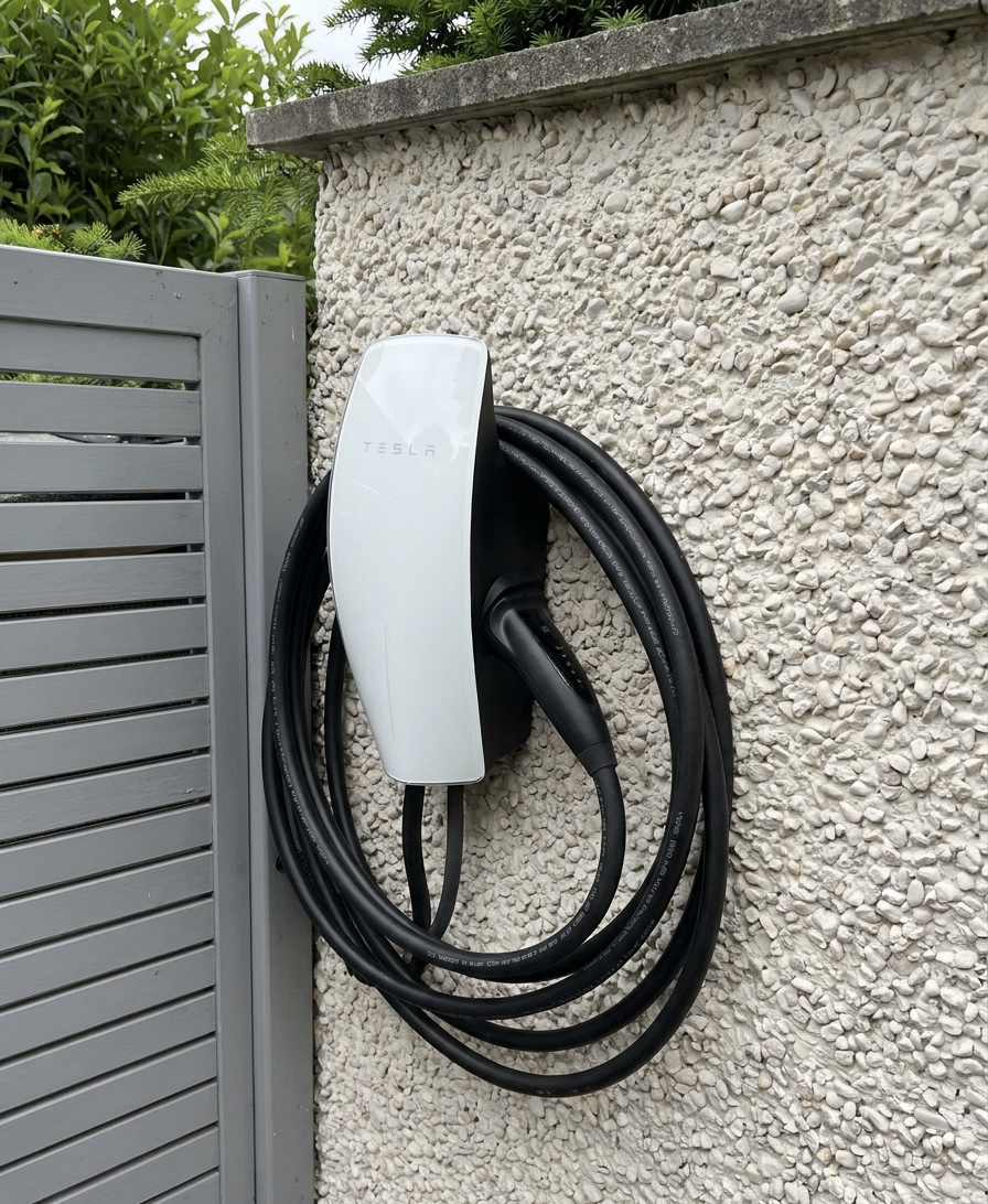 Tesla Wall Connector EV charger installed on rendered wall by Power Team Electrics, Home Counties Tesla charger installation