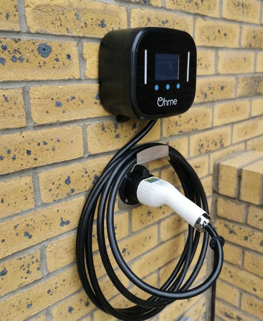 Ohme EV charger tethered version with white cable installed by Power Team Electrics