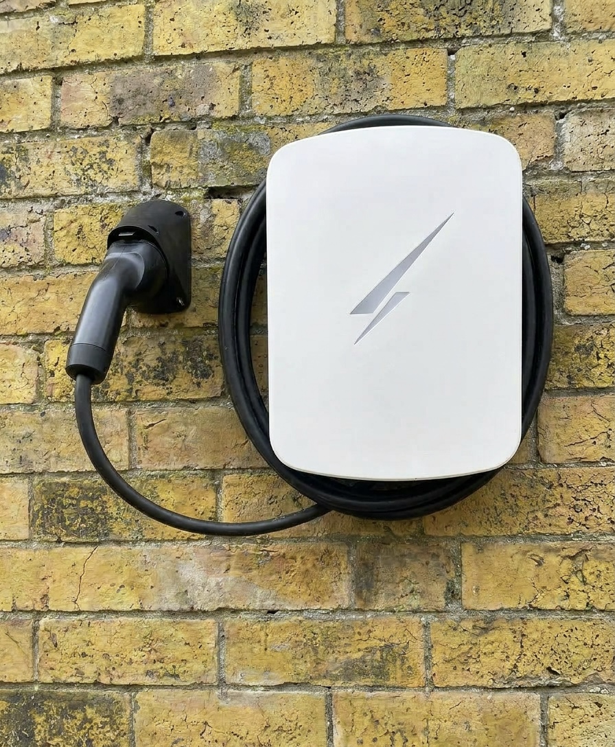 Hypervolt home EV charger installed on brick wall by Power Team Electrics, Home Counties EV charger installation