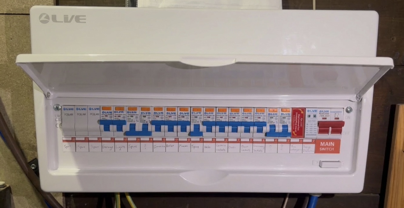 Live Electrical RCBO consumer unit with labelled circuits installed by Power Team Electrics, 18th Edition compliant fuse board upgrade