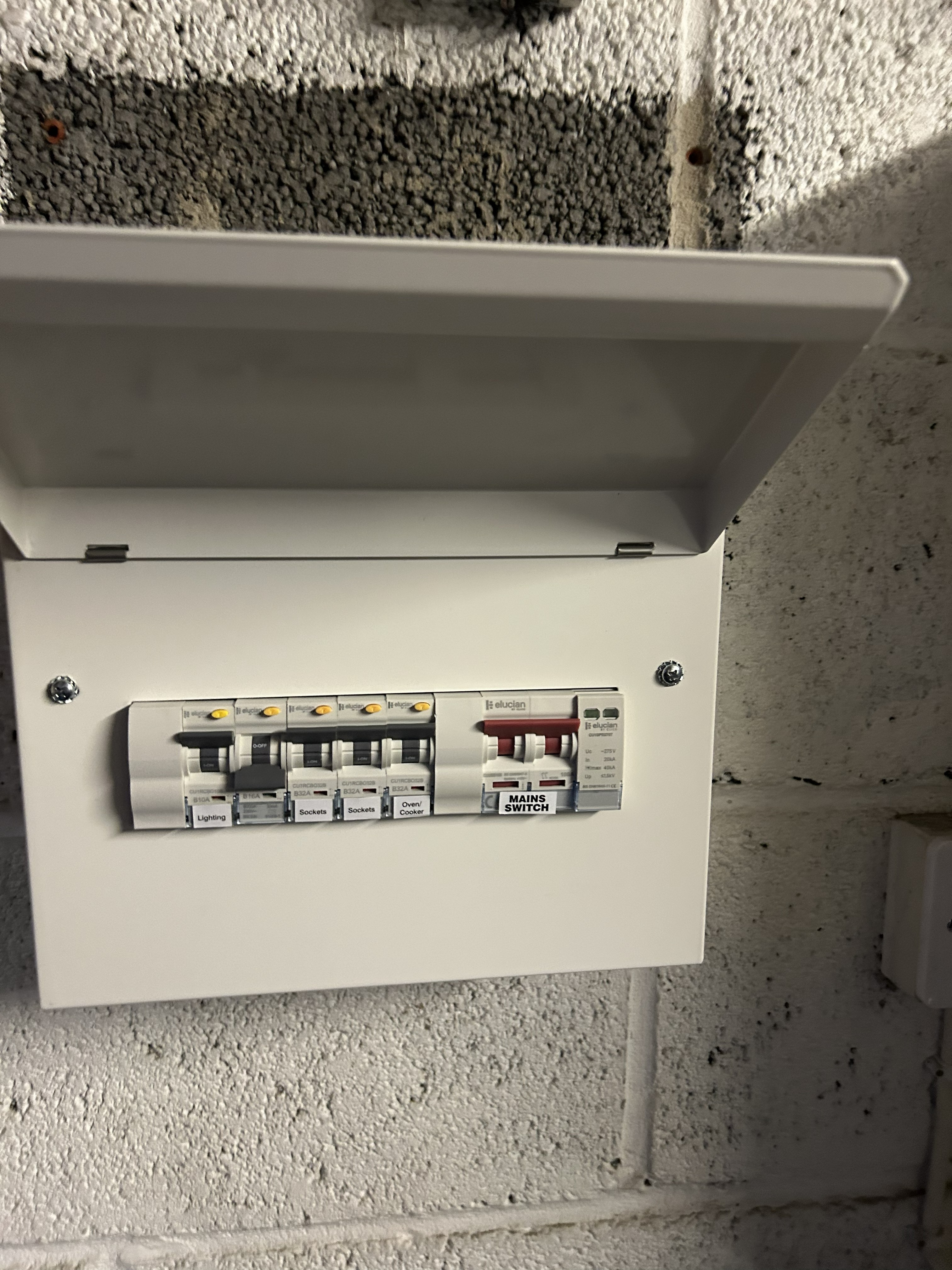 Elucien RCBO consumer unit installed by Power Team Electrics, 18th Edition fuse board upgrade