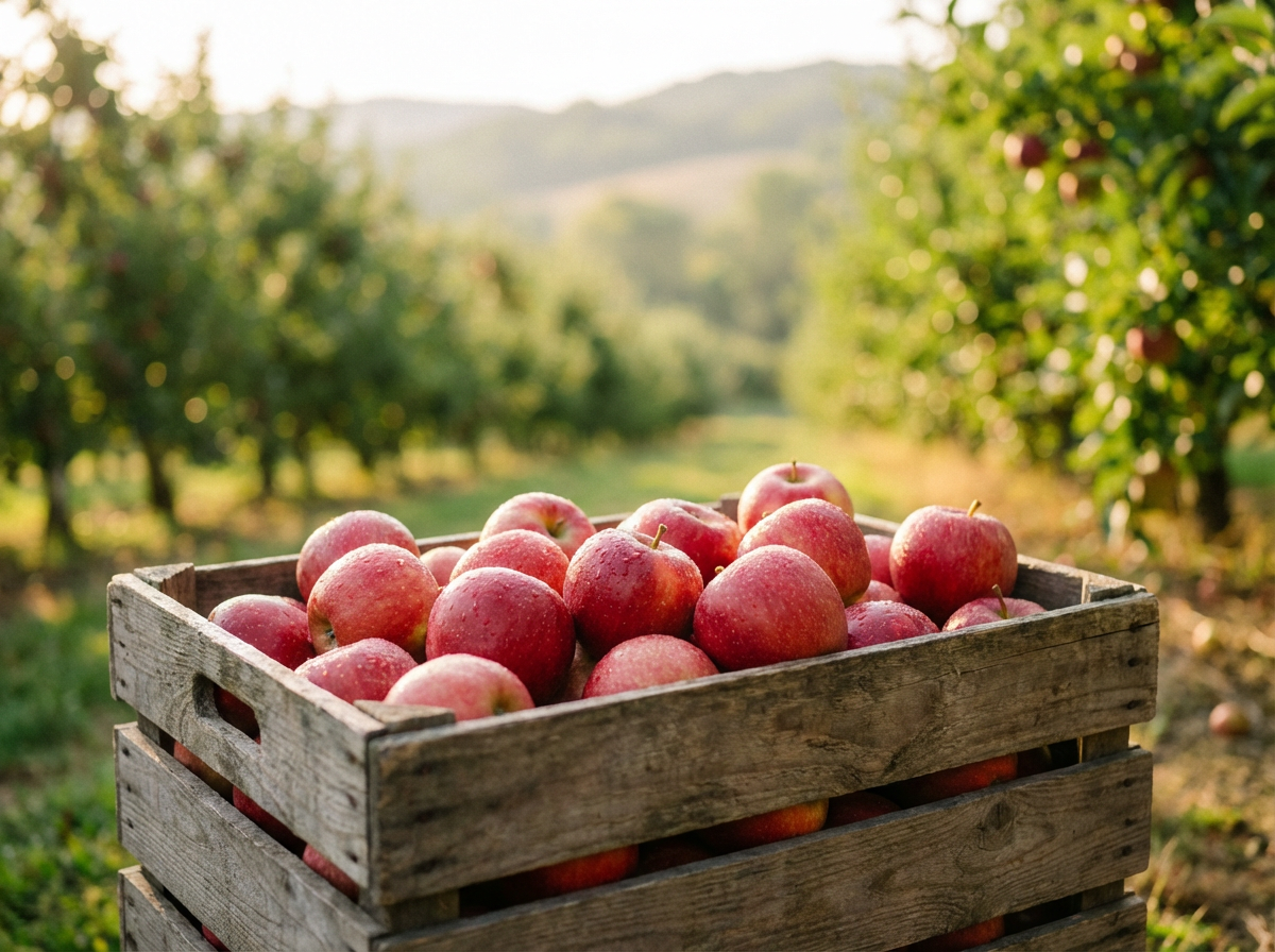 Fresh red apples in crate