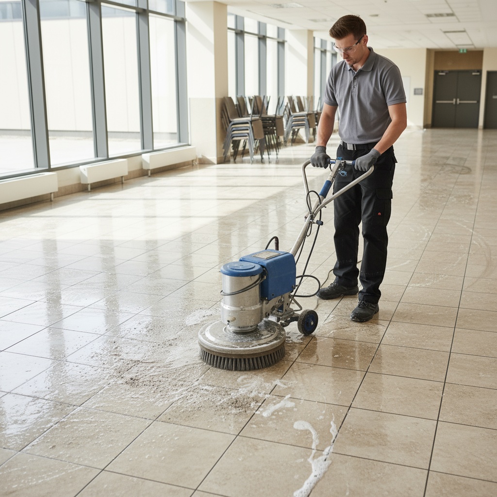 Professional cleaning technician using rotary scrubbing machine on tile floor with grout lines. Action shot showing the cleaning process in a commercial or residential space. Generic professional cleaning equipment with no logos or branding visible. Clean, bright lighting. Photorealistic style showing expertise and professionalism.