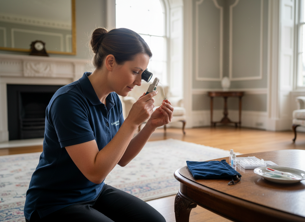 Technician inspecting carpet fibre with magnifier in a Bath home