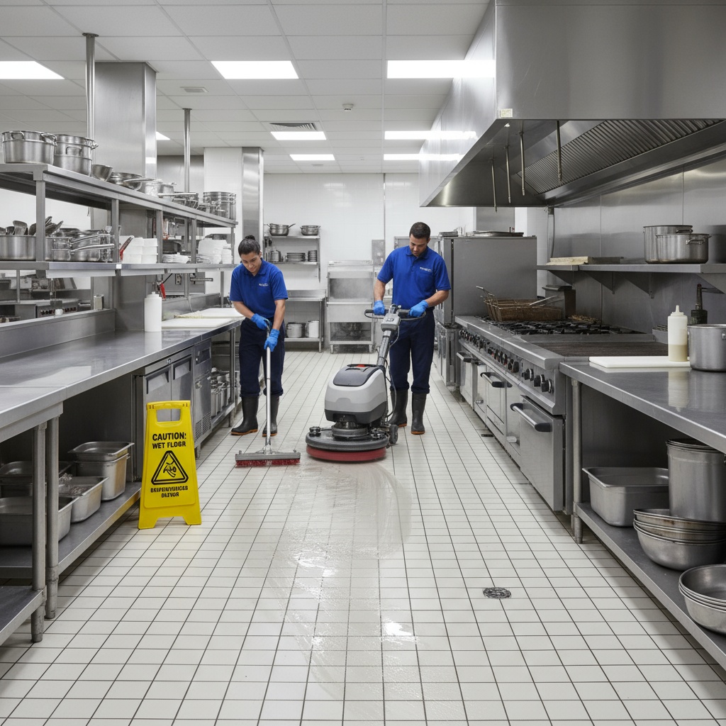 Professional hard floor cleaning in restaurant kitchen, commercial floor scrubbing equipment, clean tile flooring, professional cleaning service, restaurant kitchen environment, spotless commercial kitchen floor, safety and hygiene focus