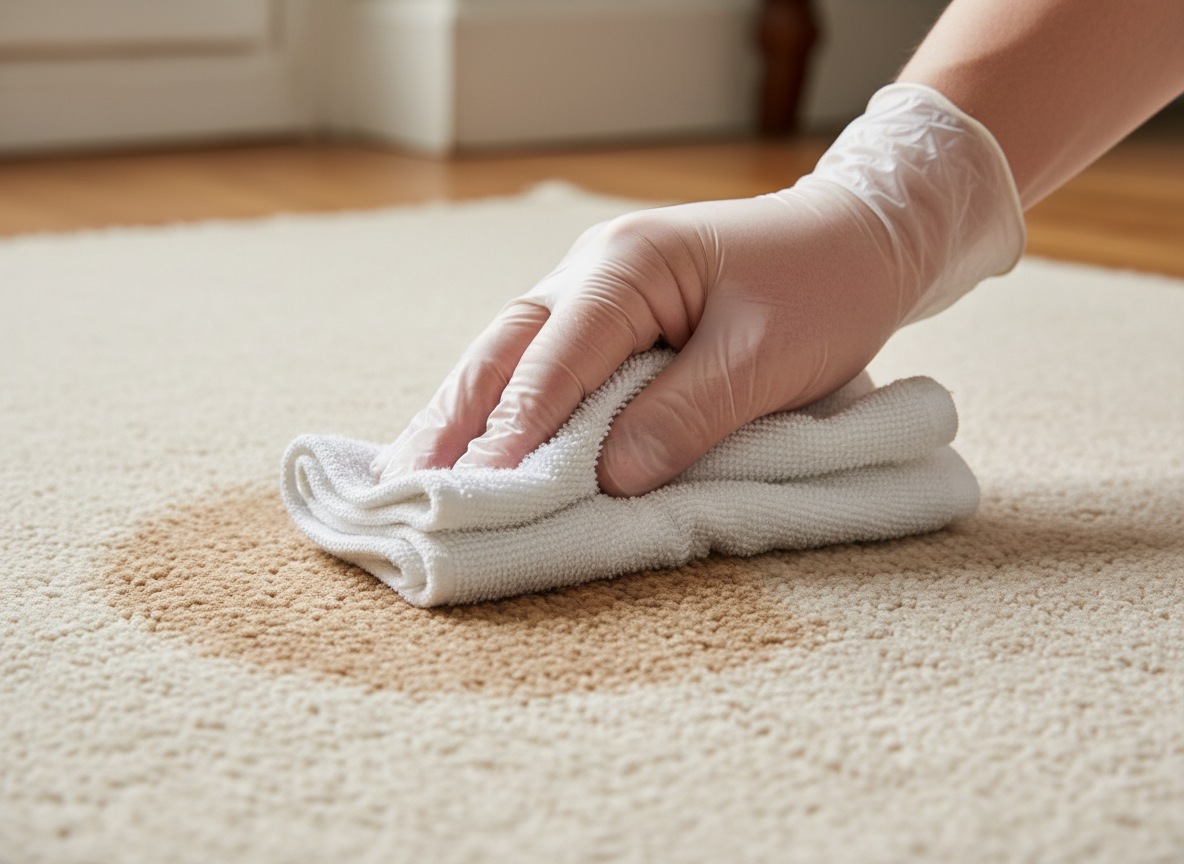 A close-up of a stain on a light-colored carpet being removed by a single gloved hand using only a clean white cloth. No cleaning equipment, faces, or bodies are visible—just the hand and cloth in the process of wiping the stain. The setting is a typical Somerset home, and the focus is on the stain removal and cleanliness.