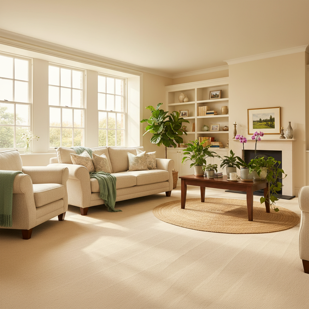 Beautiful, spotlessly clean British living room interior with pristine beige carpet. Bright sunlight streaming through windows, contemporary comfortable furniture, houseplants, warm and inviting atmosphere. Fresh and immaculate home showing results of professional carpet cleaning. Realistic photography style, high quality, cozy Somerset home interior with no people or equipment visible
