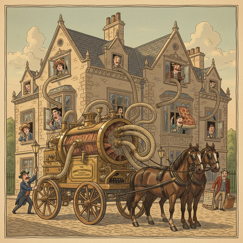 Humorous illustration of a Victorian-era horse-drawn vacuum cleaner parked outside a grand British home. Large industrial vacuum machine on wheels being pulled by horses, with long hoses going through windows. Neighbors looking out with surprised expressions. Charming vintage style with warm colors, detailed period architecture, slightly whimsical and funny tone. Professional quality digital illustration
