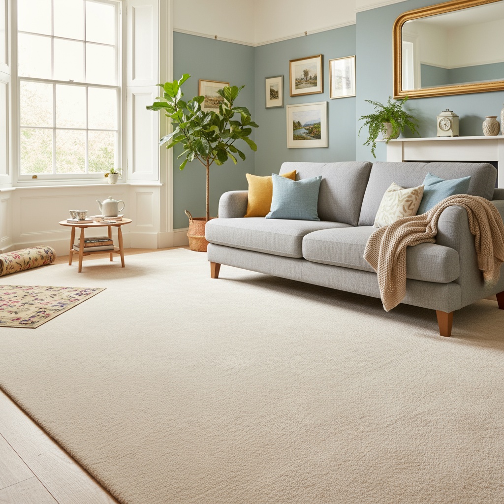 Bright and cheerful British living room with beautifully clean carpet, cozy furniture, and warm natural lighting. Empty room showcasing the fresh, professionally cleaned carpet results. Inviting home interior with plants, comfortable sofa, and pristine carpet in focus. Photorealistic, high quality, welcoming atmosphere.