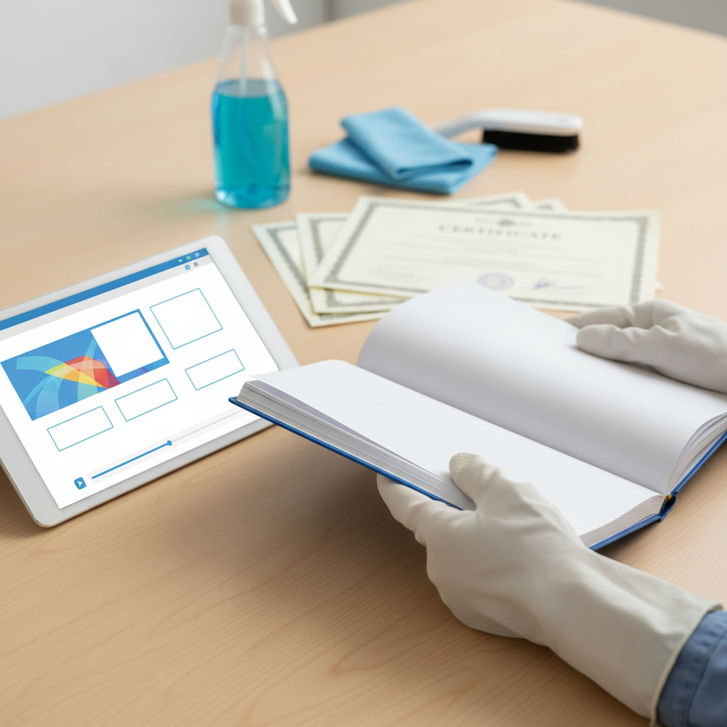 Hands reviewing training materials and certificate documents with tablet