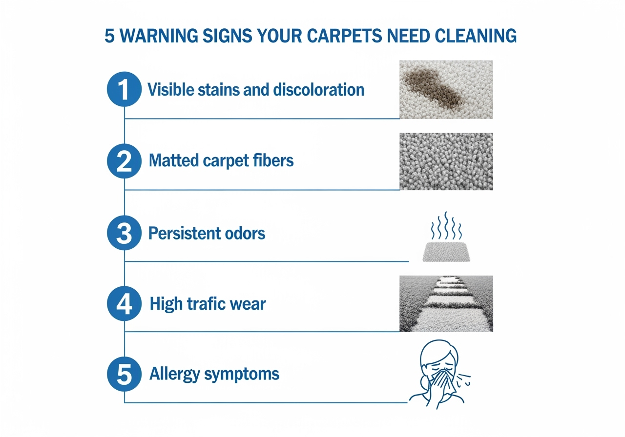 Clean, professional infographic layout showing the 5 warning signs carpets need cleaning. Modern design with clear sections: 1) Visible stains and discoloration, 2) Matted carpet fibers, 3) Persistent odors, 4) High traffic wear, 5) Allergy symptoms. Each section contains a small, clear photograph example of the issue. Minimal text, professional color scheme using blues and whites. Clean typography, plenty of white space. Corporate infographic style suitable for professional website use.