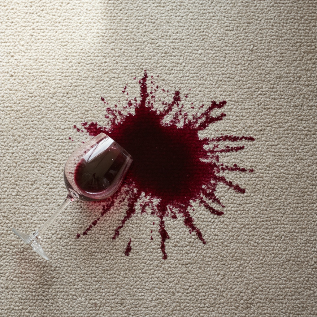 Red wine stain on beige carpet, overhead view showing the dark red liquid spreading on carpet fibers. Wine glass lying on its side nearby but no hands visible. Realistic household carpet stain, natural indoor lighting, photorealistic style showing the texture of the stain on carpet.