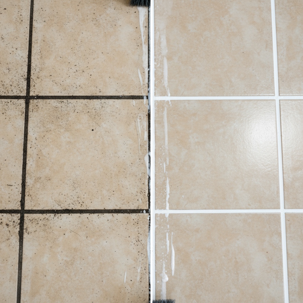 Before and after comparison of tile floor cleaning showing dirty grout lines on one side and pristine clean white grout on the other side. Split image showing dramatic transformation. Close-up detail of tile and grout. Professional cleaning results. Photorealistic style.