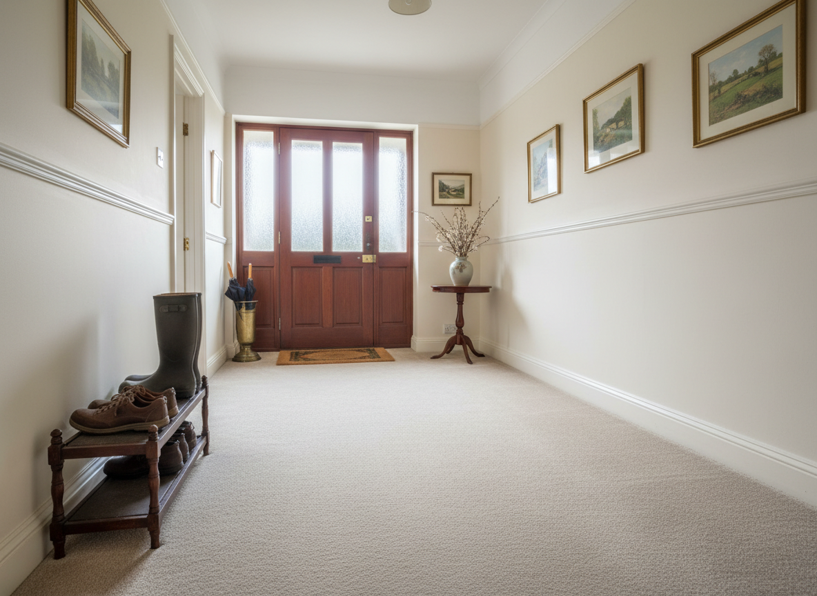 UK hallway with clean carpet and tidy entrance area