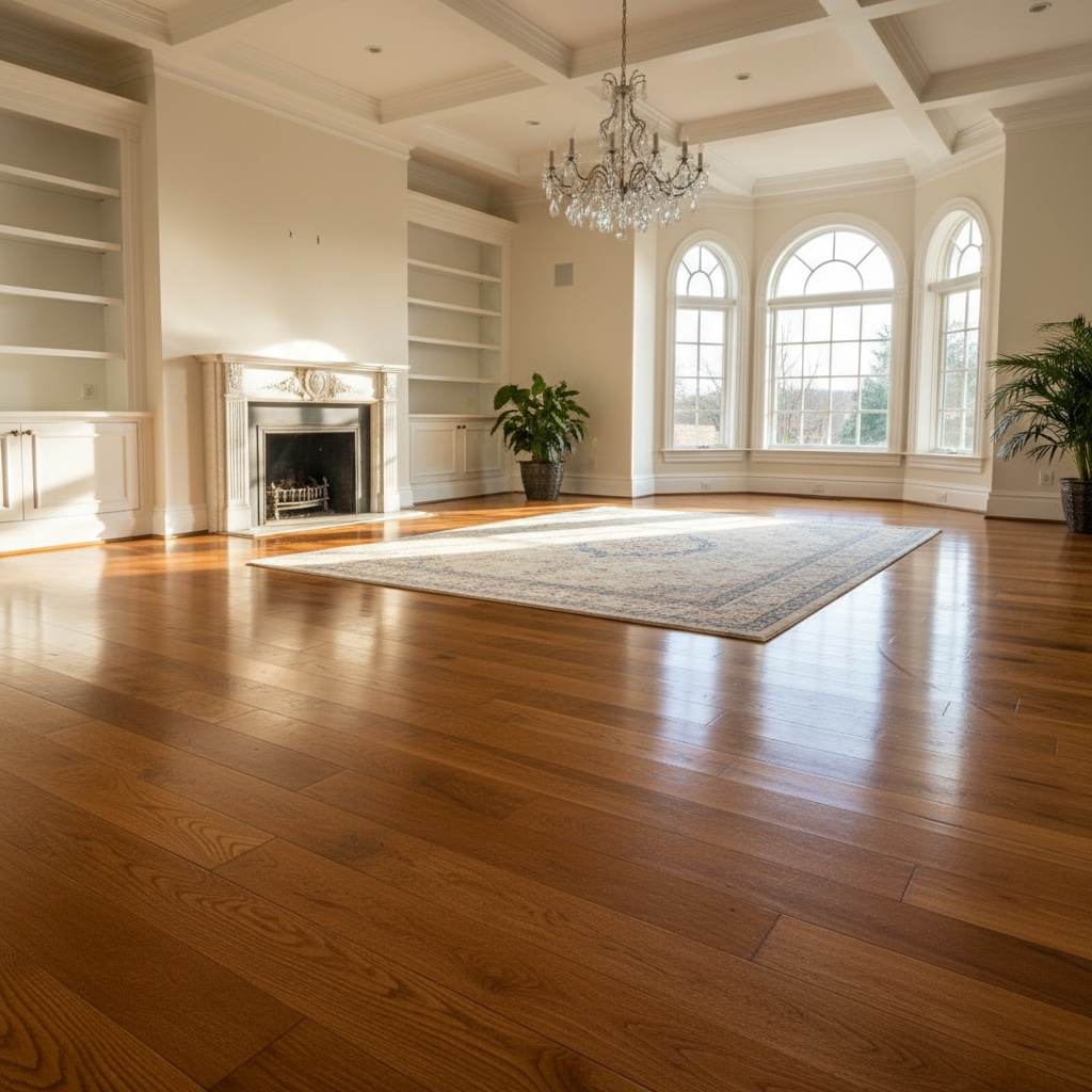 Beautiful hardwood floor in elegant home interior with natural sunlight streaming through windows. Pristine, well-maintained wooden flooring showing rich grain and professional finish. Warm, inviting atmosphere. No people. Photorealistic style showcasing the beauty of properly maintained hardwood floors.