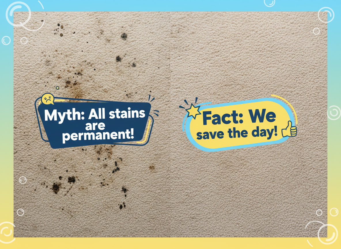 A split-image graphic: left side shows a messy, stained carpet with a dramatic label 'Myth: All stains are permanent!'; right side shows the same carpet looking spotless and fresh with a cheerful label 'Fact: We save the day!'. Style is friendly and slightly playful, with hints of Sheen Services blue and yellow brand colors. Perfect as a supporting image for a fun, myth-busting carpet cleaning blog post.