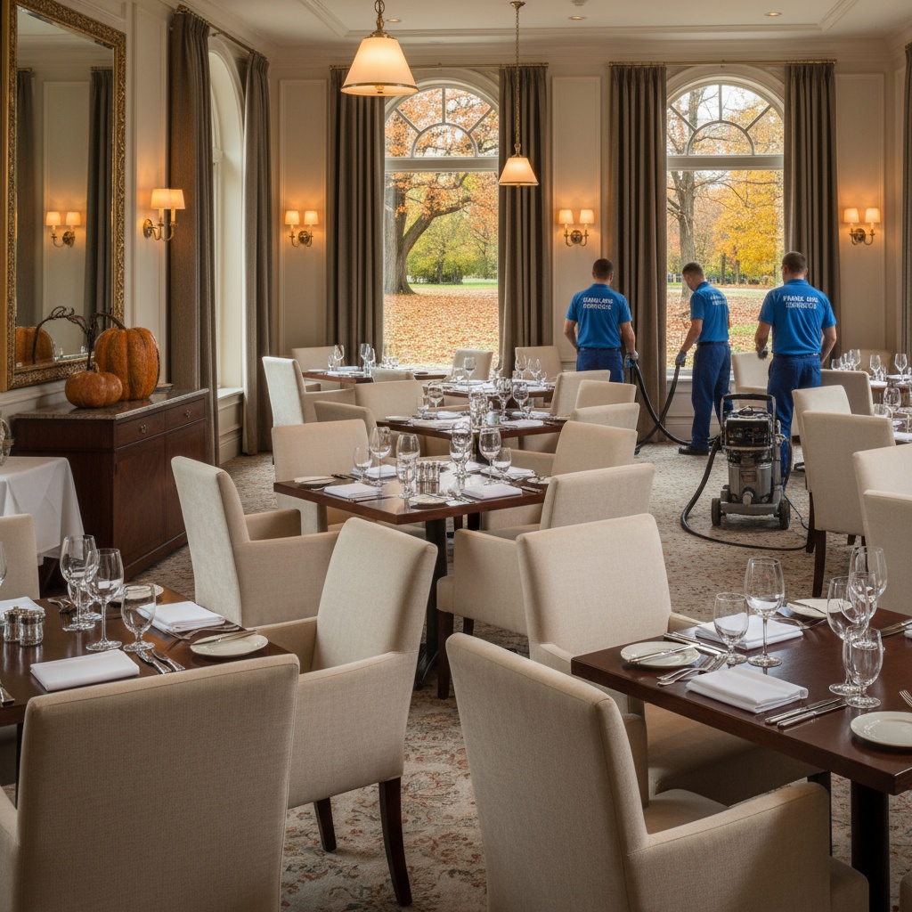 Restaurant dining area with clean upholstered chairs and tables, professional upholstery cleaning service, autumn season visible through windows, elegant dining setup, spotless fabric chairs, warm restaurant lighting
