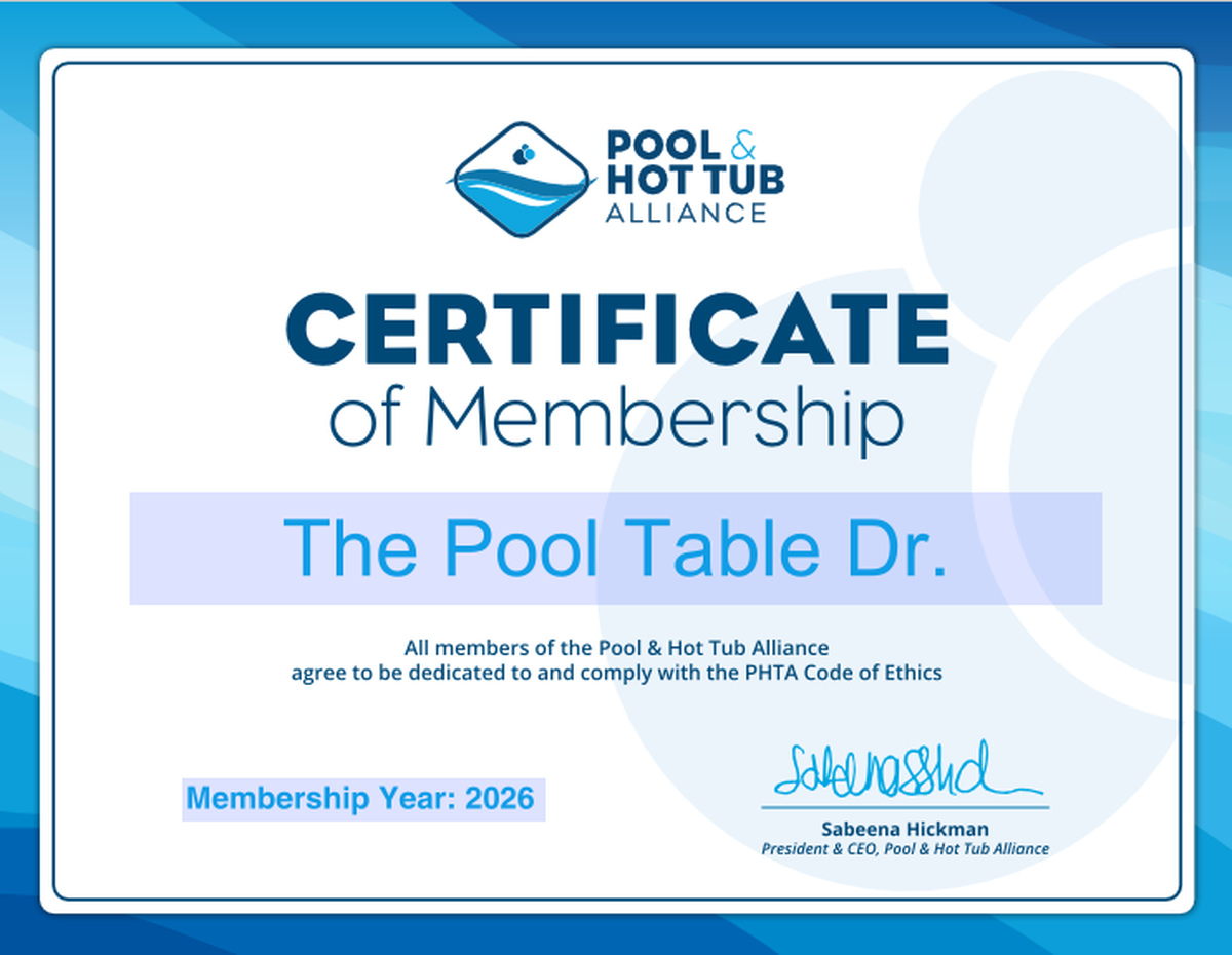 PHTA Certificate of Membership 2026 โ The Pool Table Dr.