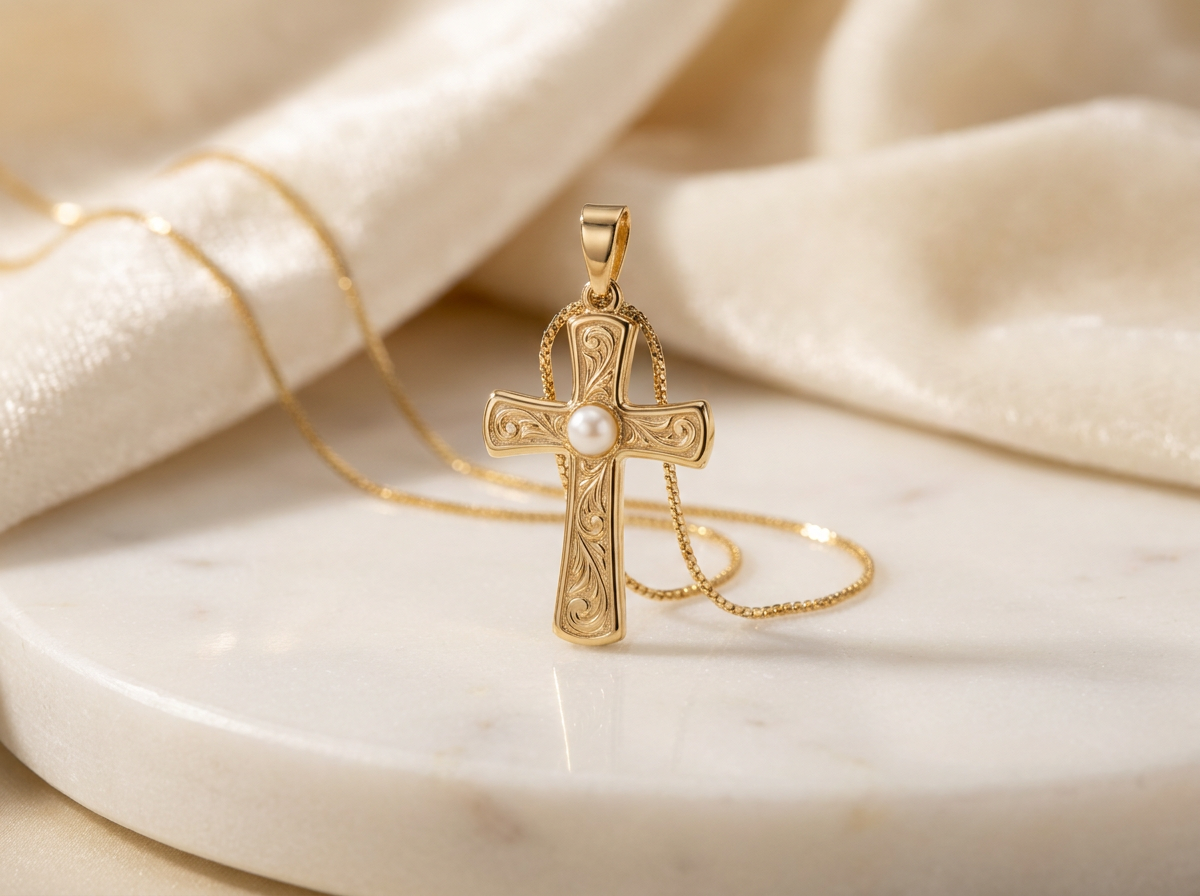 18K gold baptism cross by FaCad'oro on a marble surface with soft studio lighting
