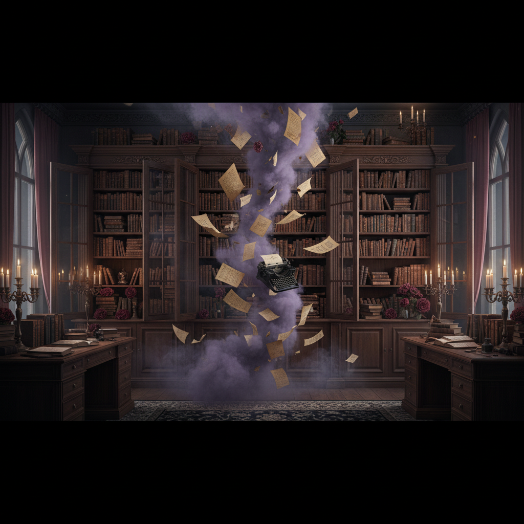 Dark magical library with typewriter and swirling pages
