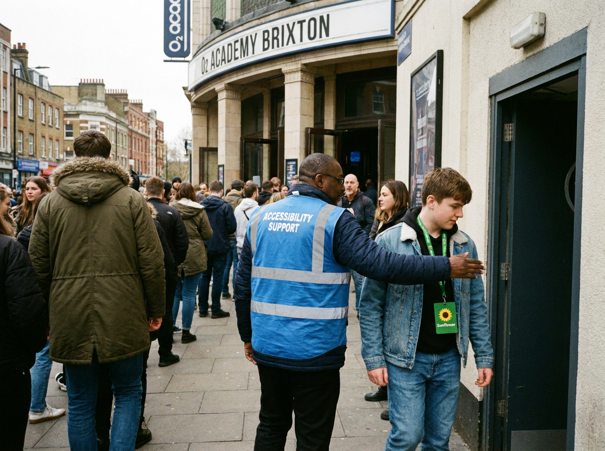 Person wearing Hidden Disabilities Sunflower Lanyard being quietly assisted by staff at a concert venue
