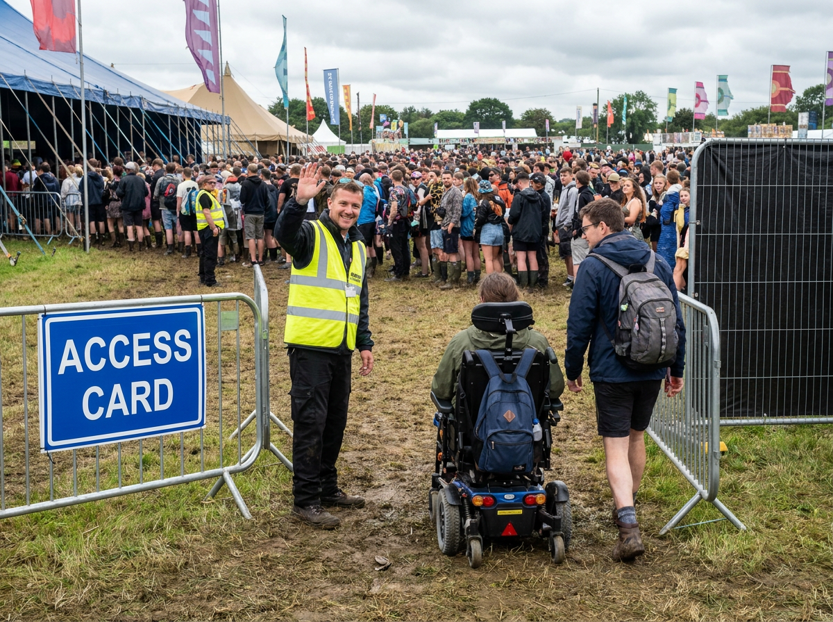 Steward welcoming wheelchair user through accessible entrance at a UK music festival, Access Card sign visible