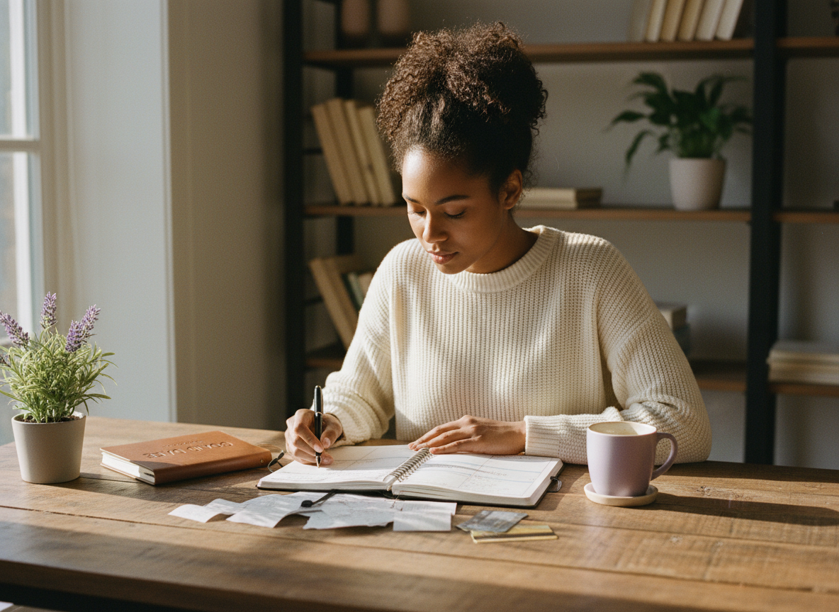 Woman budgeting with coffee and planner