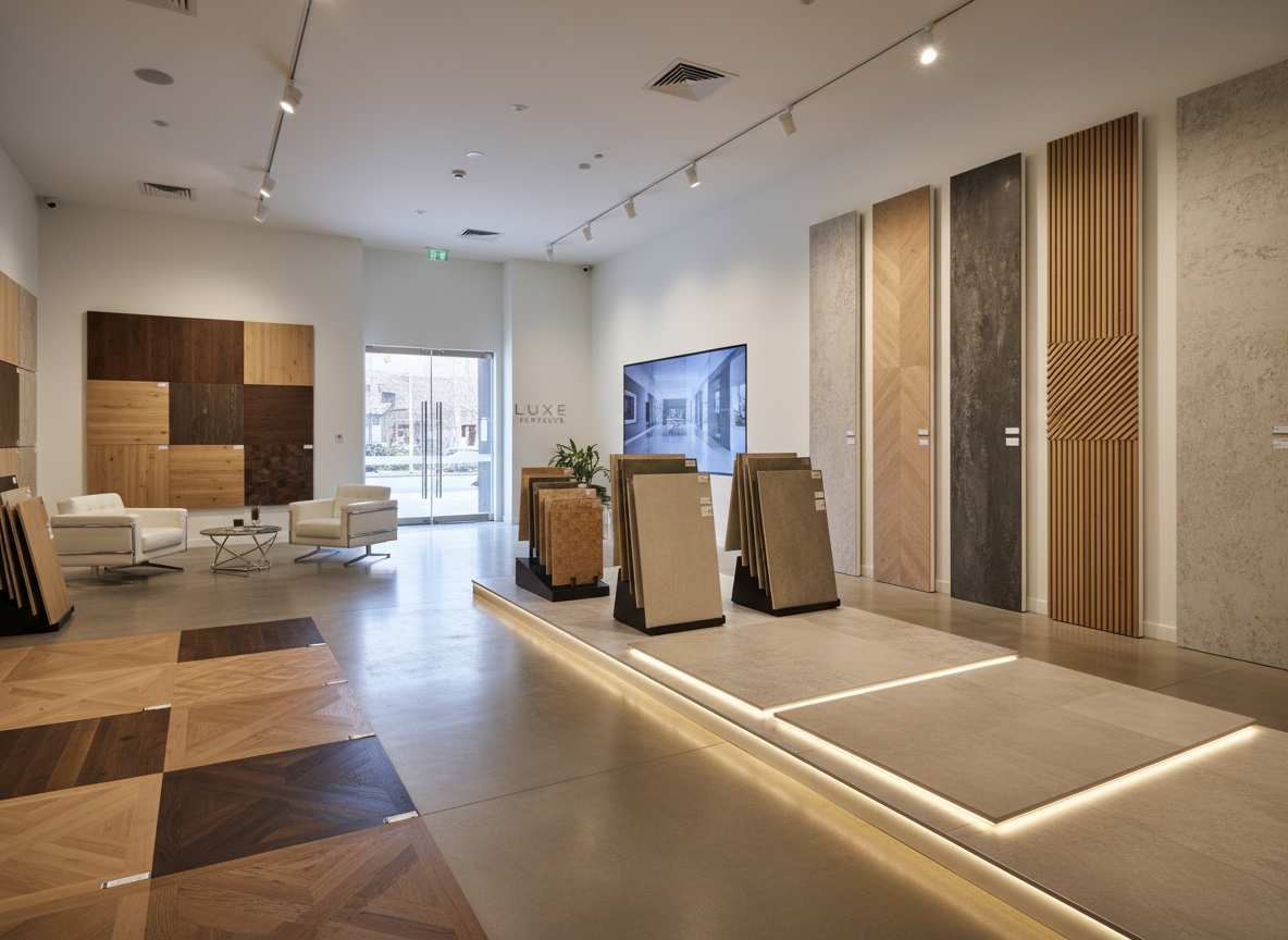 Premium flooring and wall panels in a modern showroom