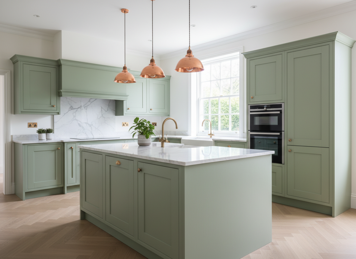 Sage green vinyl wrapped shaker-style kitchen