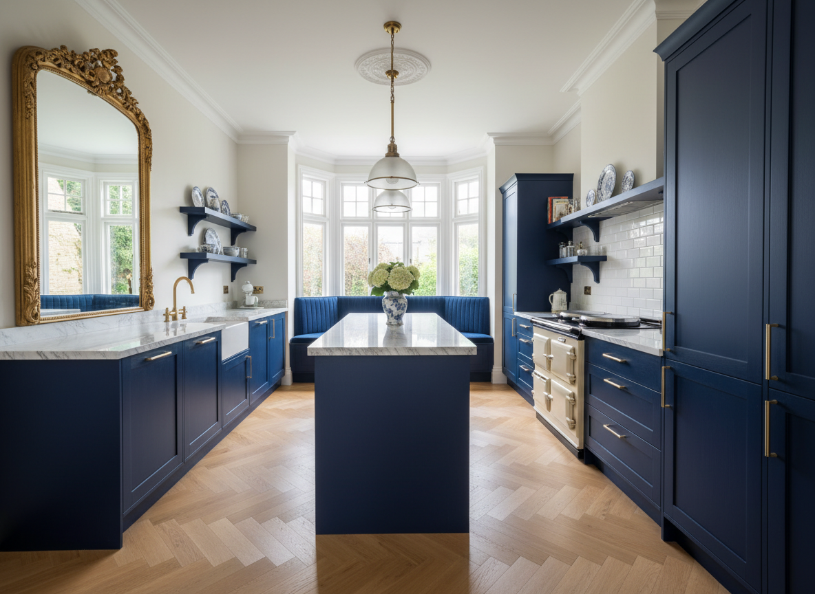 Navy blue matte wrapped kitchen with marble worktop