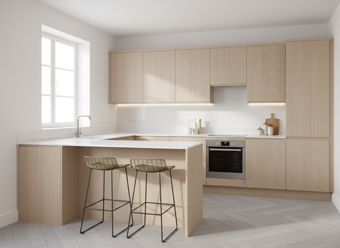 Light oak wood-effect vinyl wrapped kitchen