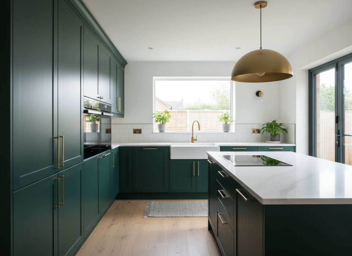 Matte dark green vinyl wrapped kitchen with brass handles