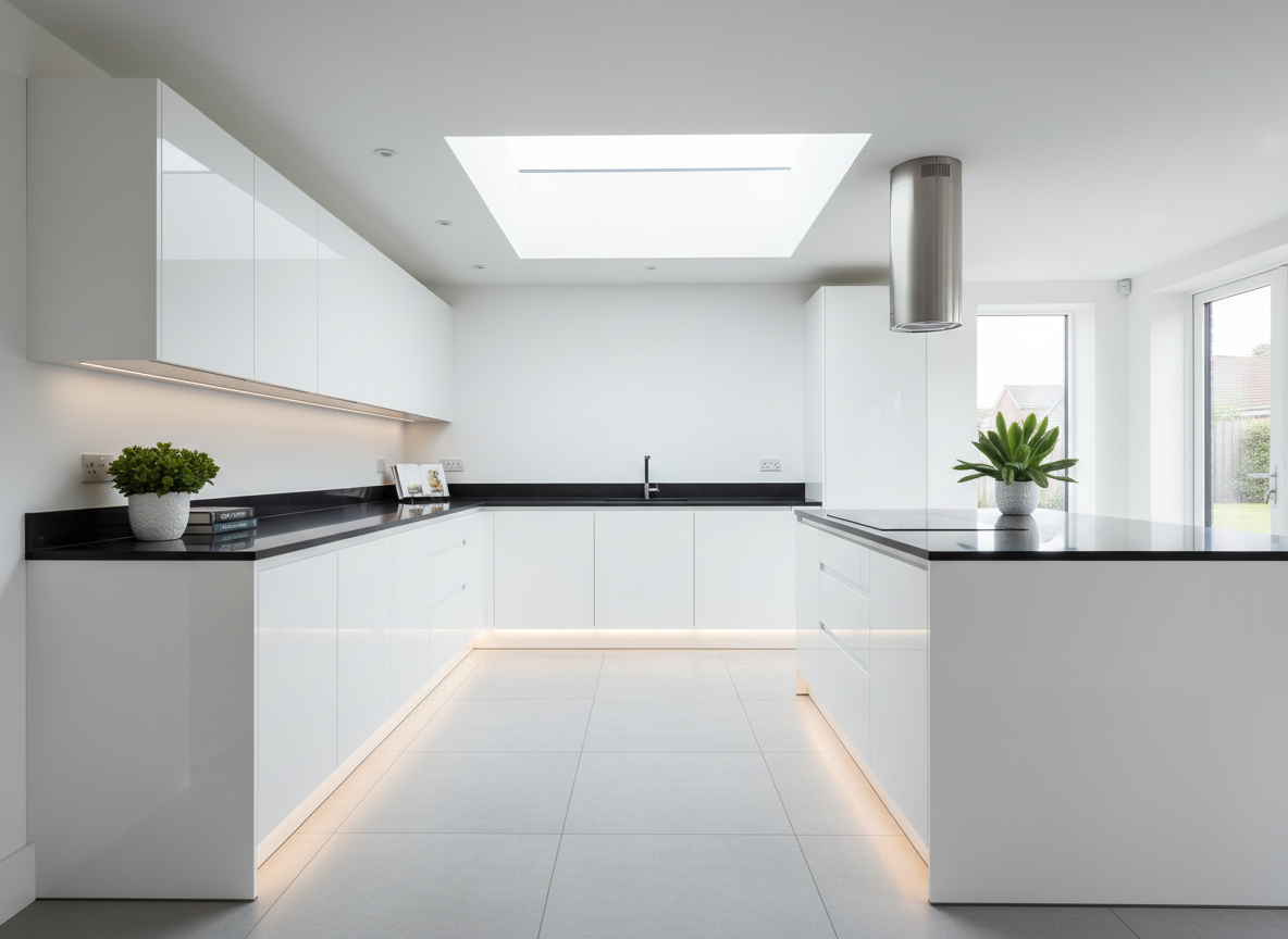 White gloss vinyl wrapped handleless kitchen