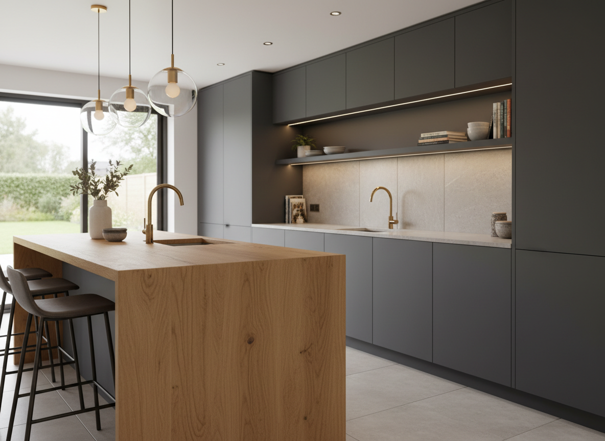 Anthracite grey matte wrapped kitchen with wooden worktop
